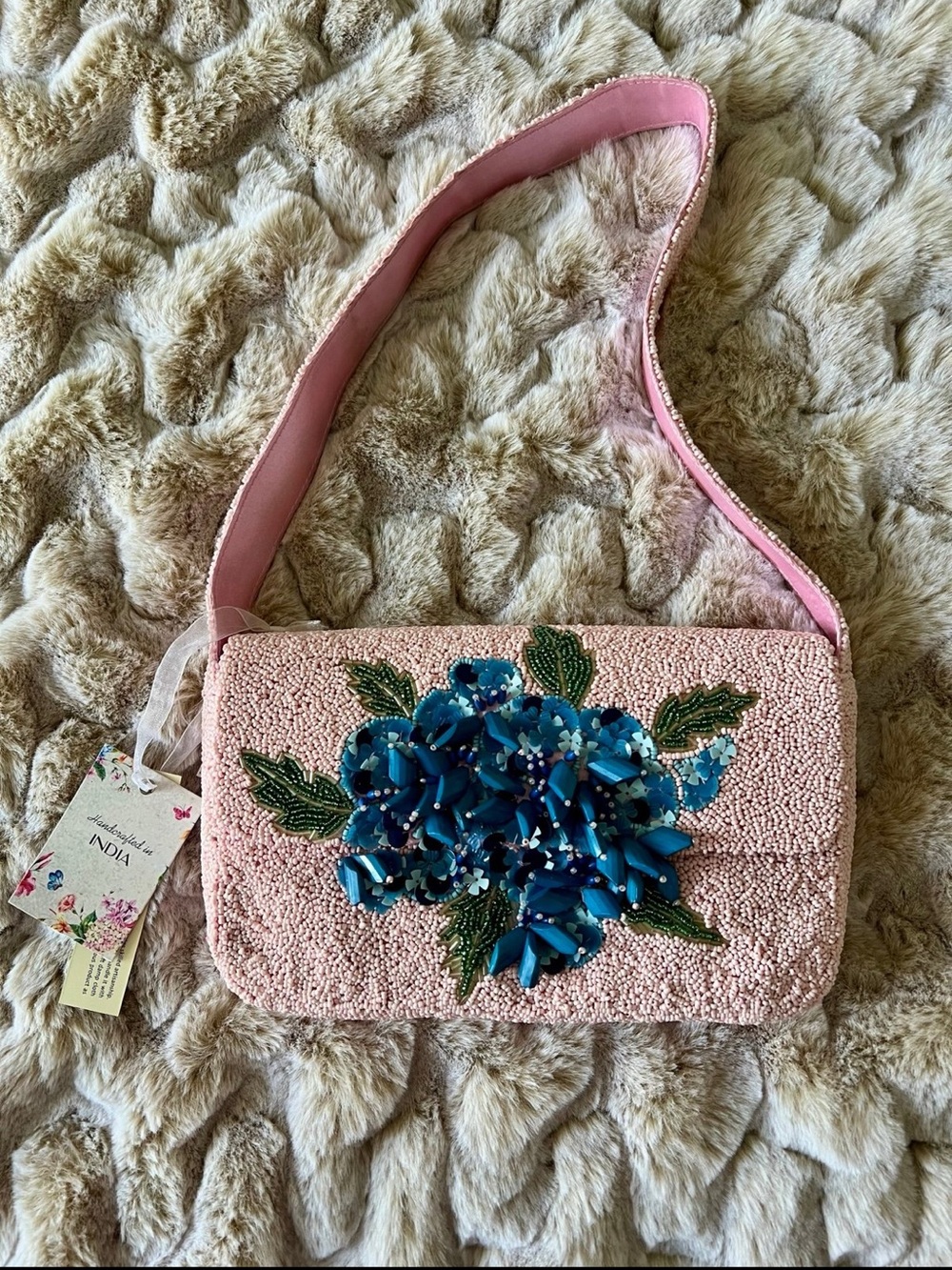 Handcrafted Pink Beaded Shoulder Bag with Blue Hydrangea Appliqué